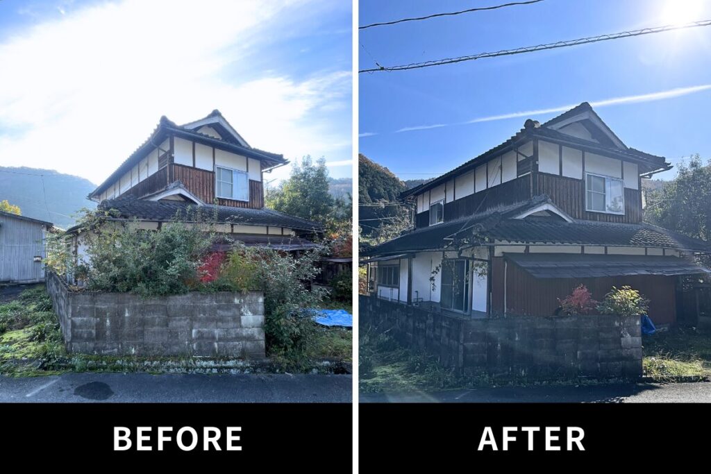 家と塀の間　作業前　作業後